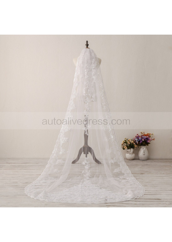 Ivory Sequin Lace Cathedral Length Wedding Veil